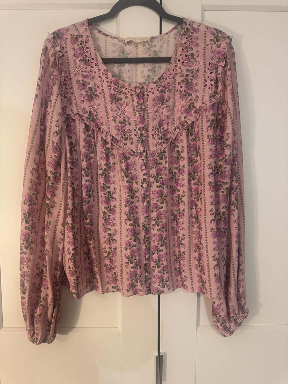LoveShackFancy Zia Floral Print Button-Down Blouse with Eyelet Detail XL